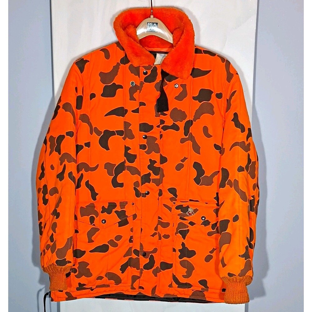 Vtg RefrigiWear Orange Camo Hunting Jacket Men's XL Game Bag Pocket Heavy READ